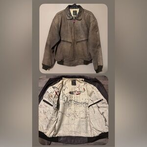 Vintage Hein Gericke Leather Bomber Jacket Men's Large Brown Flight Map Interior